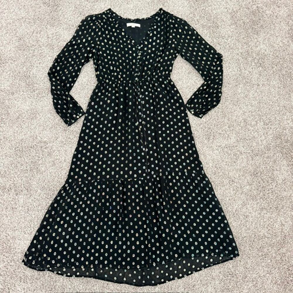LOFT Midi Dress Women's XS Black Shimmer Print Tiered Flounce Hem Boho Flowy